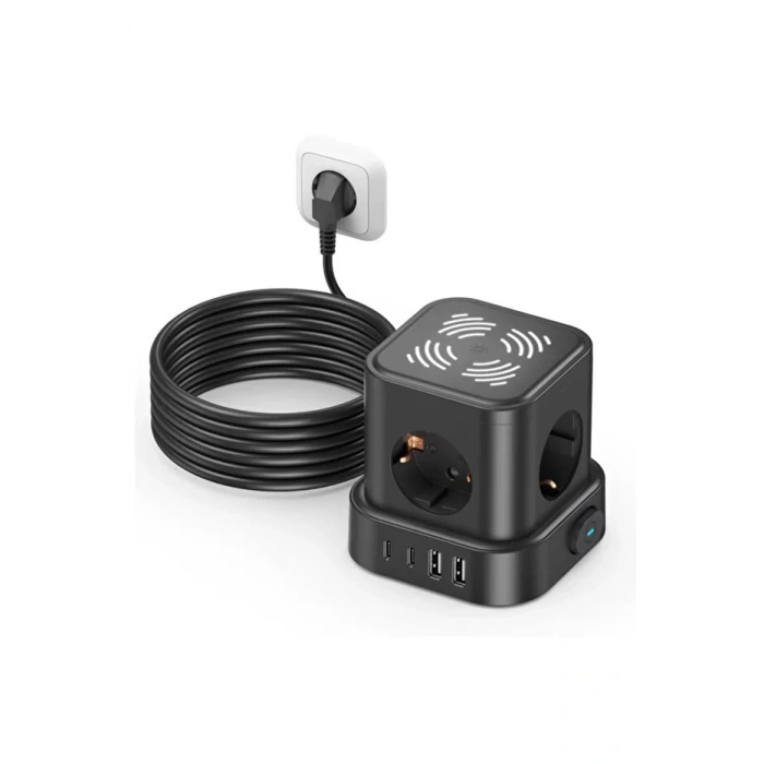 Akım Korumalı 4lü Priz Gece Lambalı 2xUSB 2xType-C Çıkış Yüksek Gerilim Koruma Çoklu Priz Çoğaltıcı