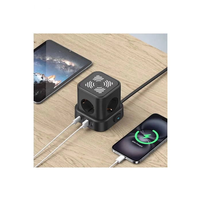 Akım Korumalı 4lü Priz Gece Lambalı 2xUSB 2xType-C Çıkış Yüksek Gerilim Koruma Çoklu Priz Çoğaltıcı