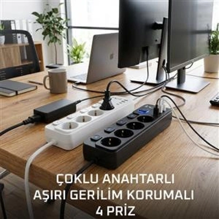 Akım Korumalı 4’lü Priz 2xUSB 2xType-C Çıkış Yüksek Gerilim Koruma Priz Çoğaltıcı