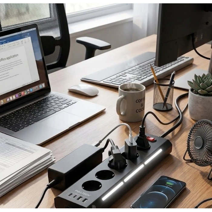 Akım Korumalı 5’li Priz 2xUSB 2xType-C Çıkış Dokunmatik Işıklı Akım Koruma Çoklu Priz Çoğaltıcı Siyah