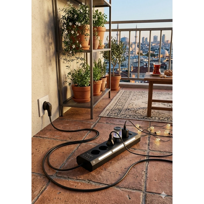 Akım Korumalı 5’li Priz 2xUSB 2xType-C Çıkış Dokunmatik Işıklı Akım Koruma Çoklu Priz Çoğaltıcı Siyah