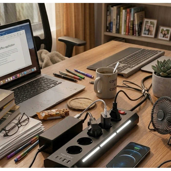 Akım Korumalı 5’li Priz 2xUSB 2xType-C Çıkış Dokunmatik Işıklı Akım Koruma Çoklu Priz Çoğaltıcı Siyah