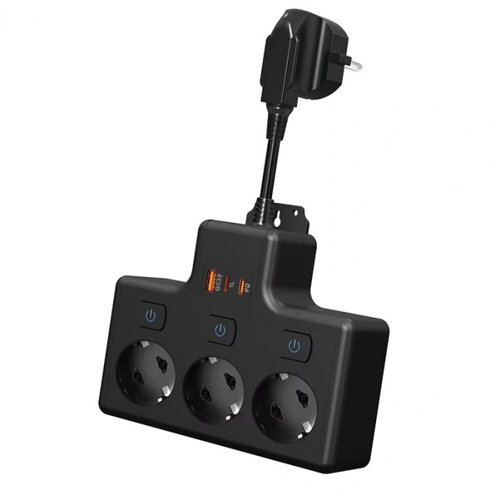Termal Akım Korumalı 3lü Duvar Tipi Priz: 1x USB + 2x Type-C Çıkışlı Grup Priz Çoğaltıcı (3500W)