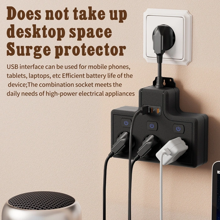 Termal Akım Korumalı 3lü Duvar Tipi Priz: 1x USB + 2x Type-C Çıkışlı Grup Priz Çoğaltıcı (3500W)