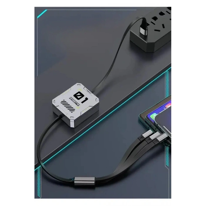 100W Geri Çekilebilir Makaralı Çoklu Şarj Kablosu Alüminyum Kutu Lightning Micro Type-C Şarj Kablosu