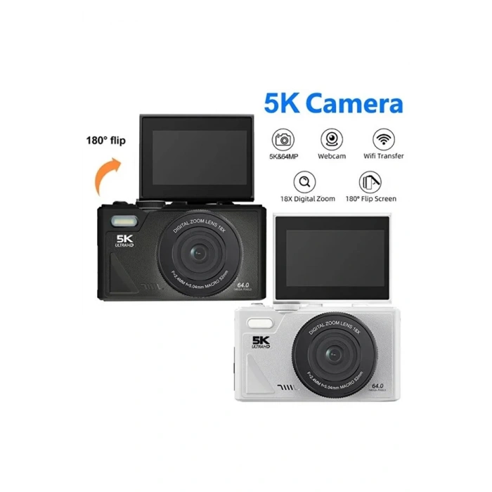 5K 75MP 18X Zoom Flaşlı 3” Flip Ekranlı Türkçe 64GB Kart Dijital Vlog Fotoğraf Makinesi