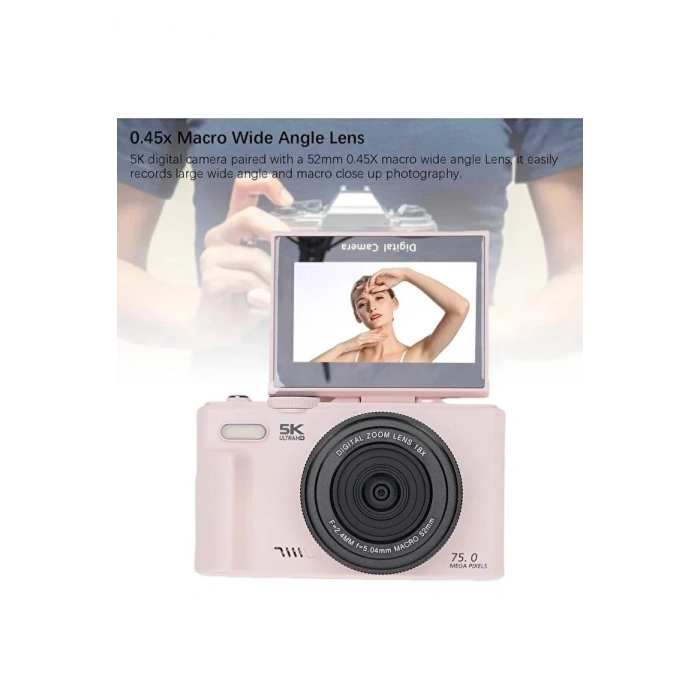 5K 75MP 18X Zoom Flaşlı 3” Flip Ekranlı Türkçe 64GB Kart Dijital Vlog Fotoğraf Makinesi