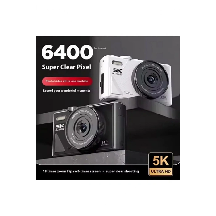 5K 75MP 18X Zoom Flaşlı 3” Flip Ekranlı Türkçe 64GB Kart Dijital Vlog Fotoğraf Makinesi