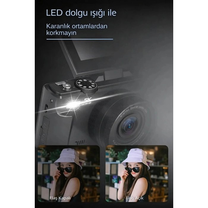 5K 75MP 18X Zoom Flaşlı 3” Flip Ekranlı Türkçe 64GB Kart Dijital Vlog Fotoğraf Makinesi