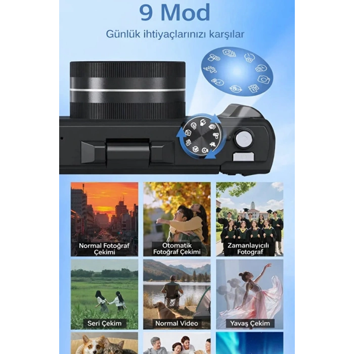 5K 75MP 18X Zoom Flaşlı 3” Flip Ekranlı Türkçe 64GB Kart Dijital Vlog Fotoğraf Makinesi
