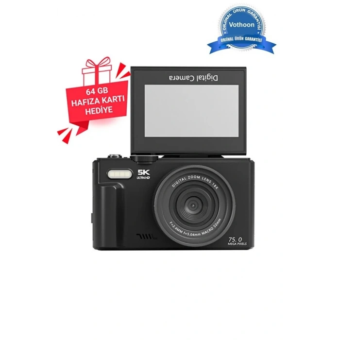 5K 75MP 18X Zoom Flaşlı 3” Flip Ekranlı Türkçe 64GB Kart Dijital Vlog Fotoğraf Makinesi