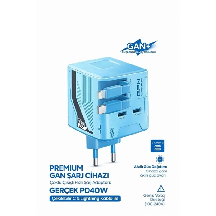 GaN+ PD 40W Hızlı Şarj Adaptörü Çoklu Çıkış USB-C Lightning Kablolu Hızlı Şarj Cihazı Ev Ofis Uyumlu