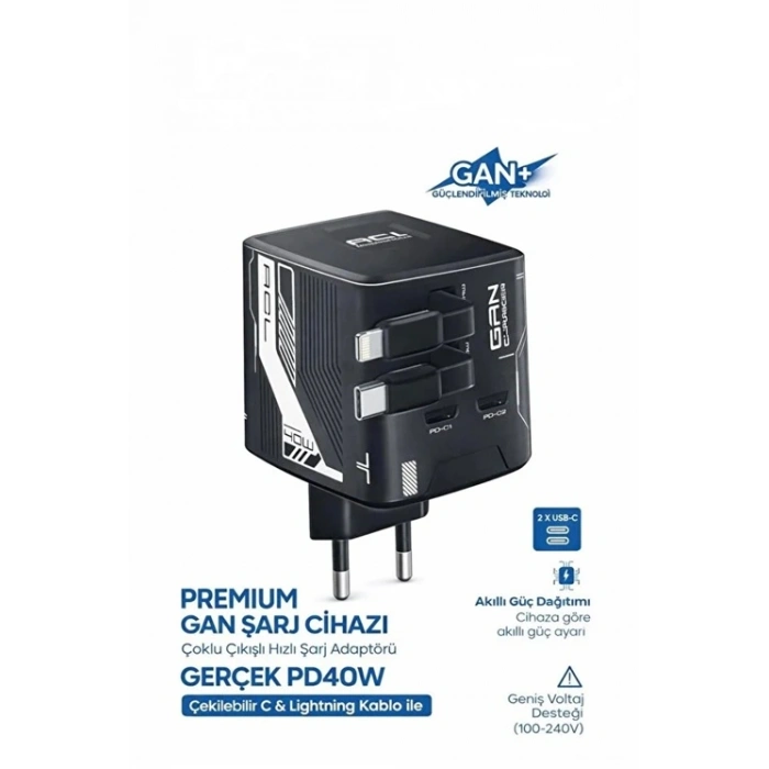 GaN+ PD 40W Hızlı Şarj Adaptörü Çoklu Çıkış USB-C Lightning Kablolu Hızlı Şarj Cihazı Ev Ofis Uyumlu