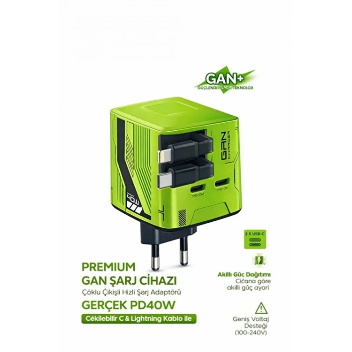 GaN+ PD 40W Hızlı Şarj Adaptörü Çoklu Çıkış USB-C Lightning Kablolu Hızlı Şarj Cihazı Ev Ofis Uyumlu