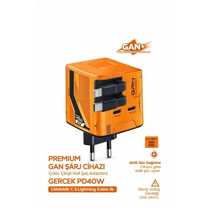 GaN+ PD 40W Hızlı Şarj Adaptörü Çoklu Çıkış USB-C Lightning Kablolu Hızlı Şarj Cihazı Ev Ofis Uyumlu