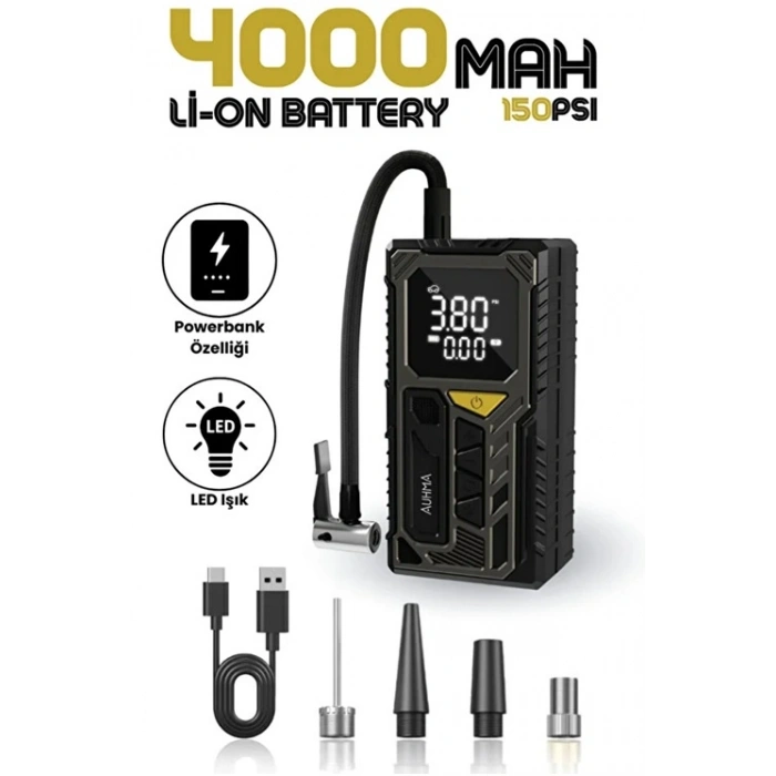 4000mAh Hava Kompresörü Powerbank Özellikli Kompresör Araba Bisiklet Top Lastik Şişirme Pompası