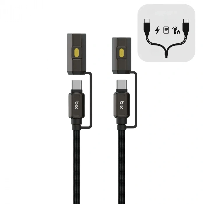 LED Fener ve Alevsiz Çakmak Fonksiyonlu Type-C Şarj ve Data Kablosu 120 cm Siyah