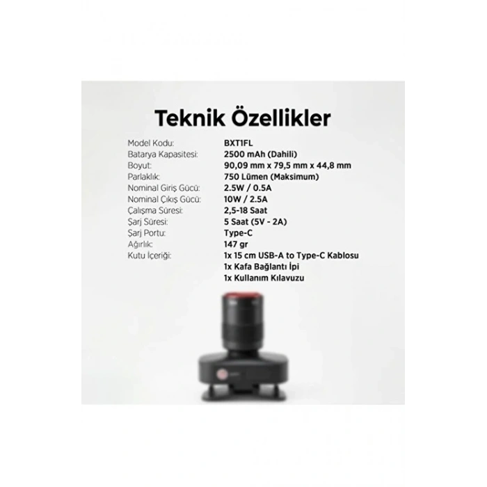 Bix BXT1FL 10W Şarj Edilebilir Kafa Feneri 750 Lümen 2500mAh 4 Işık Modlu Zoom Özellikli LED Kafa