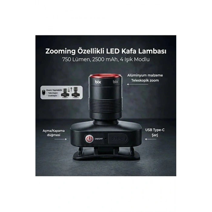 Bix BXT1FL 10W Şarj Edilebilir Kafa Feneri 750 Lümen 2500mAh 4 Işık Modlu Zoom Özellikli LED Kafa