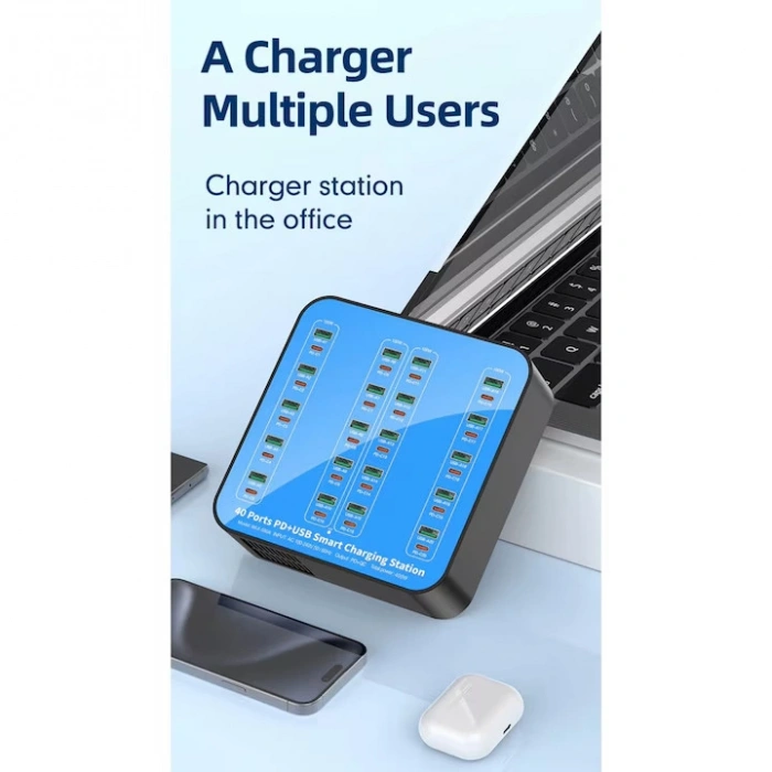 40 Portlu 400W Hızlı Şarj İstasyonu 20x USB + 20x Type-C PD Çıkışlı Şarj Cihazı