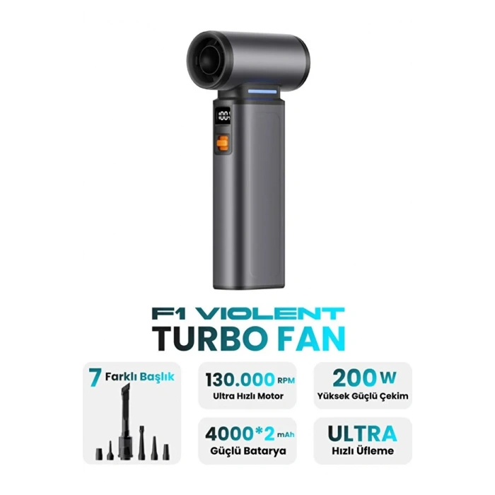 Violent Turbo Jet Fan Süpürge Özellikli 130000RPM Ultra Güçlü Motor Güçlü Vakum 4000MAH Bataryalı F1