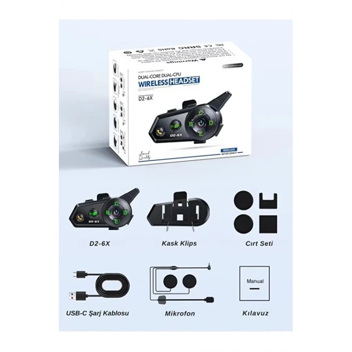 D2-6X 1000M Mesafeli 6 Kanallı İntercom Bluetooth Motosiklet Kask Kulaklığı İntercom Kulaklık