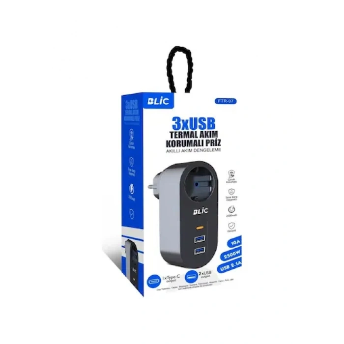 FTR-07 2xUSB 1xTypeC Termal Akım Korumalı Isıya Dayanıklı Tekli Priz