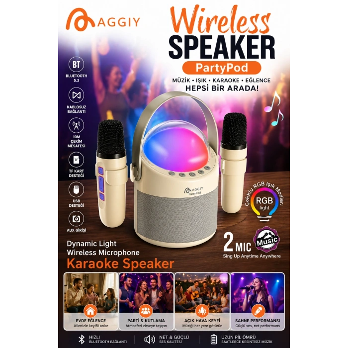 PartyPod Bluetooth 5.3 Destekli Çok Fonksiyonlu Kablosuz Mikrofon Ve Hoparlör