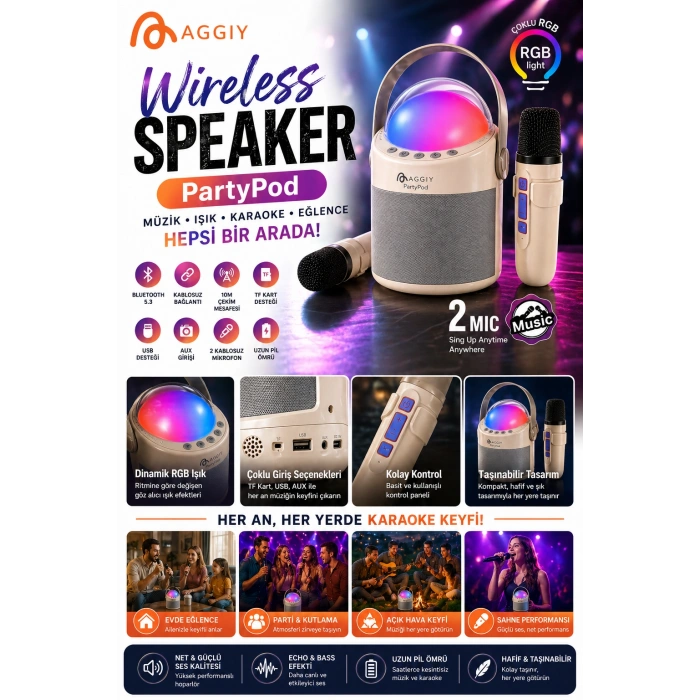 PartyPod Bluetooth 5.3 Destekli Çok Fonksiyonlu Kablosuz Mikrofon Ve Hoparlör