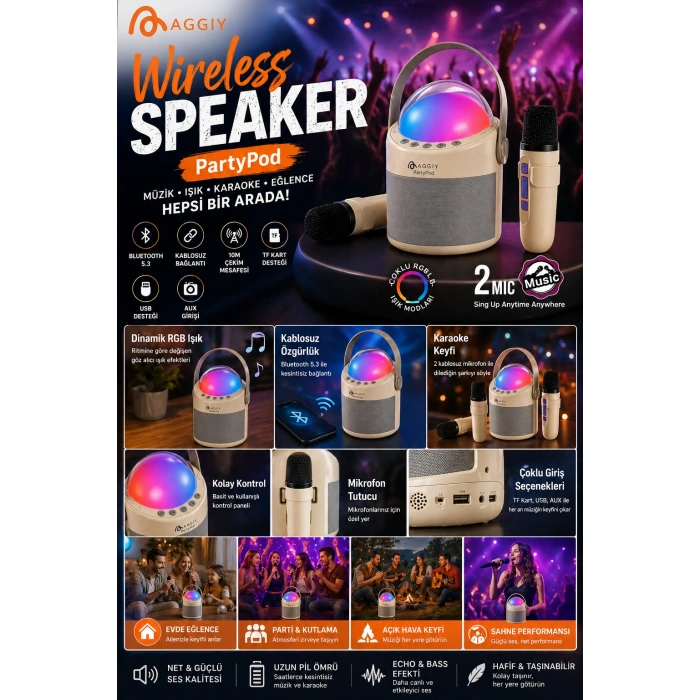 PartyPod Bluetooth 5.3 Destekli Çok Fonksiyonlu Kablosuz Mikrofon Ve Hoparlör
