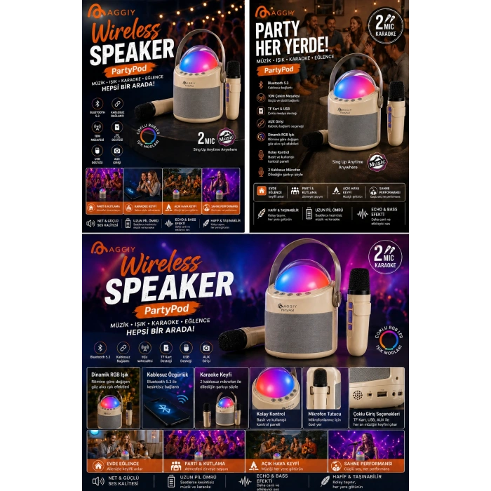 PartyPod Bluetooth 5.3 Destekli Çok Fonksiyonlu Kablosuz Mikrofon Ve Hoparlör