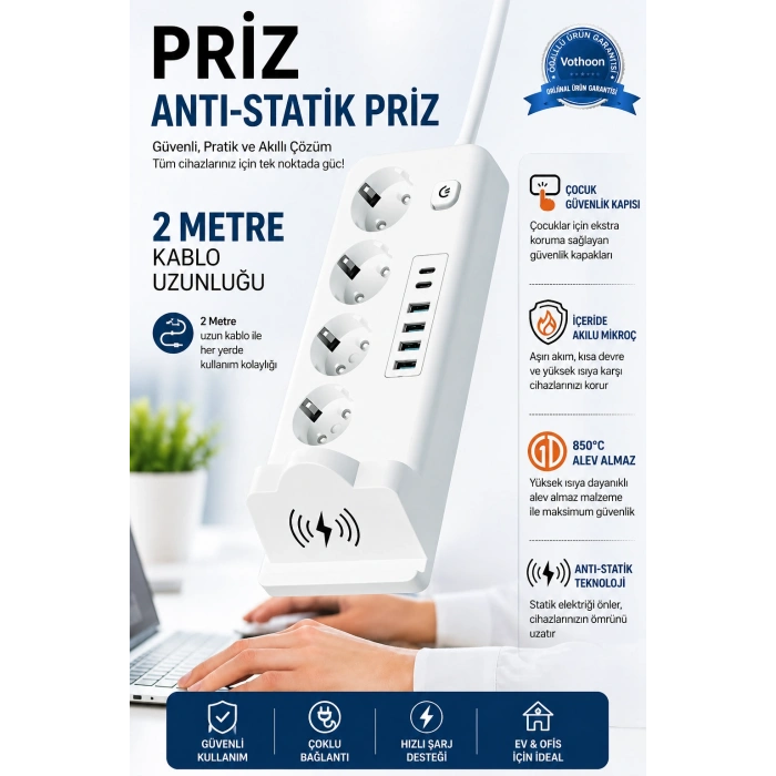 Akım Korumalı Priz ve Masaüstü Şarj İstasyonu Kablosuz 4 Priz ,4 USB, 2 Type-C Girişli 2 Metre