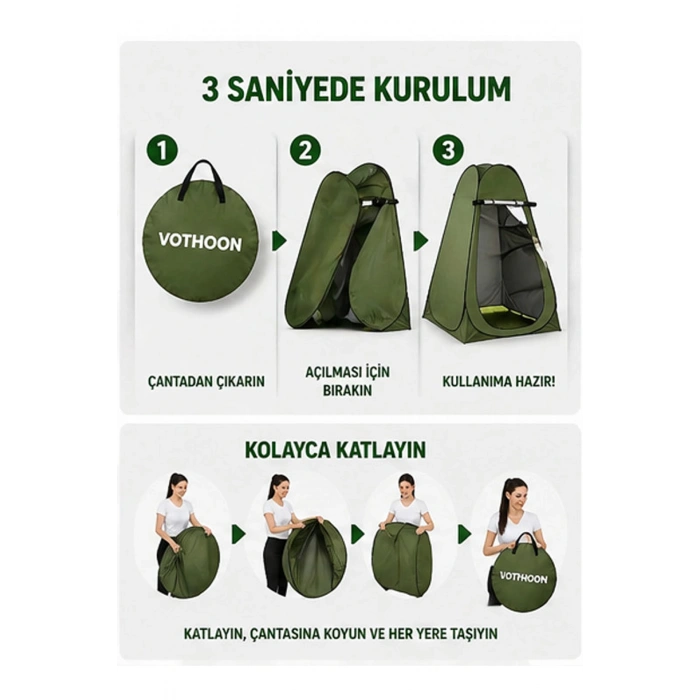 Otomatik Kabin Giyinme Çadırı 120x120x190 cm Üst Havalandırma Yan Pencereli Duş & WC Çadırı