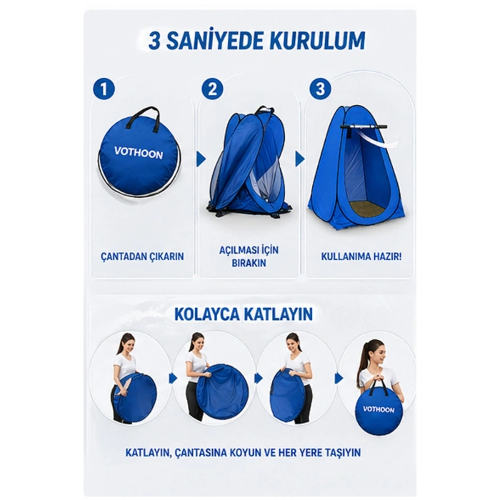 Otomatik Kabin Giyinme Çadırı 120x120x190 cm Üst Havalandırma Yan Pencereli Duş & WC Çadırı