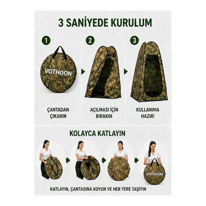 Otomatik Kabin Giyinme Çadırı 120x120x190 cm Üst Havalandırma Yan Pencereli Duş & WC Çadırı