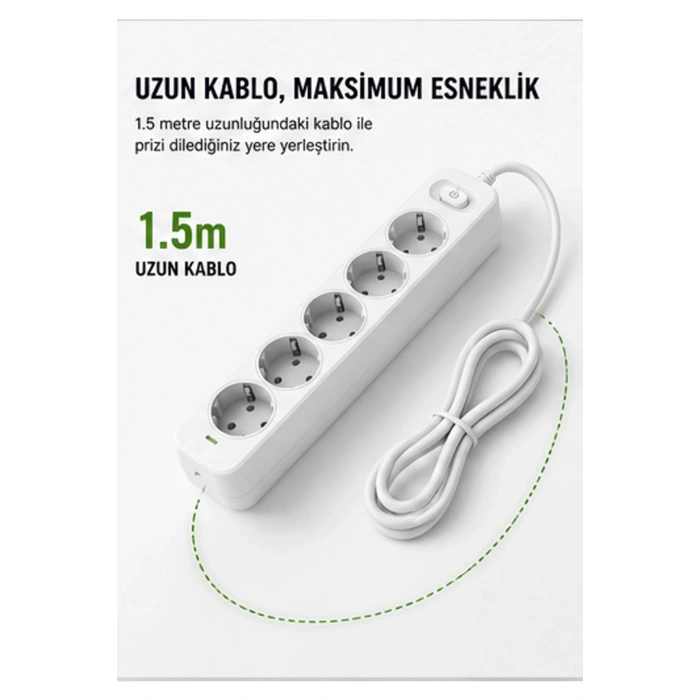 Akım Korumalı 5’li Çoklu Priz 2500W Güçlü Uzun Kablolu Güvenli Kullanım