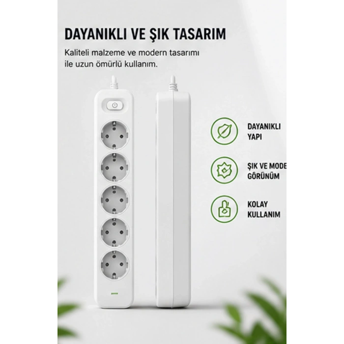 Akım Korumalı 5’li Çoklu Priz 2500W Güçlü Uzun Kablolu Güvenli Kullanım
