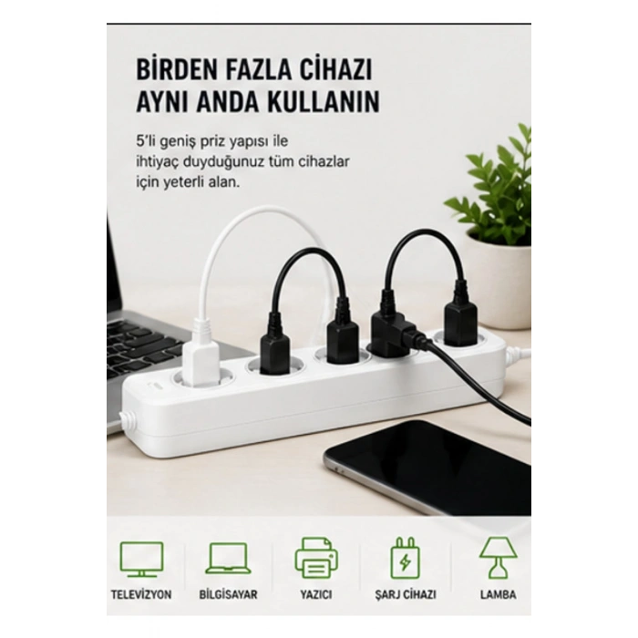 Akım Korumalı 5’li Çoklu Priz 2500W Güçlü Uzun Kablolu Güvenli Kullanım