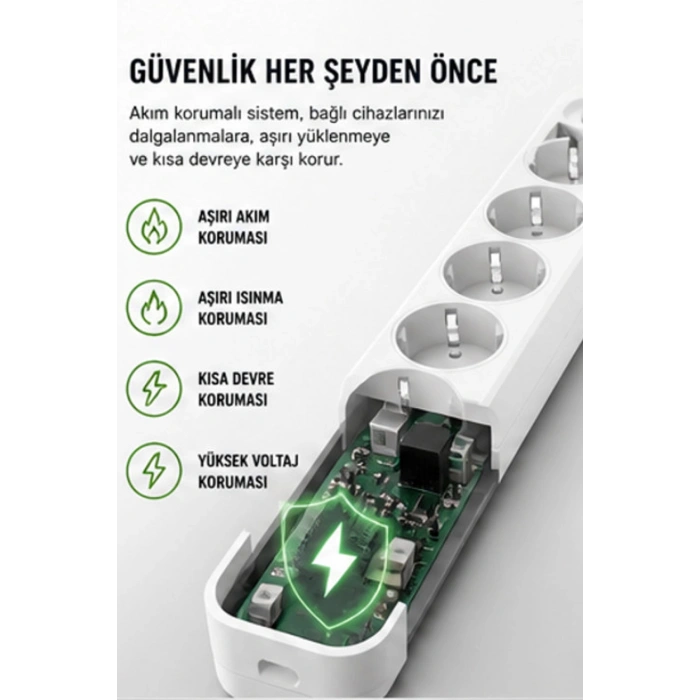 Akım Korumalı 5’li Çoklu Priz 2500W Güçlü Uzun Kablolu Güvenli Kullanım