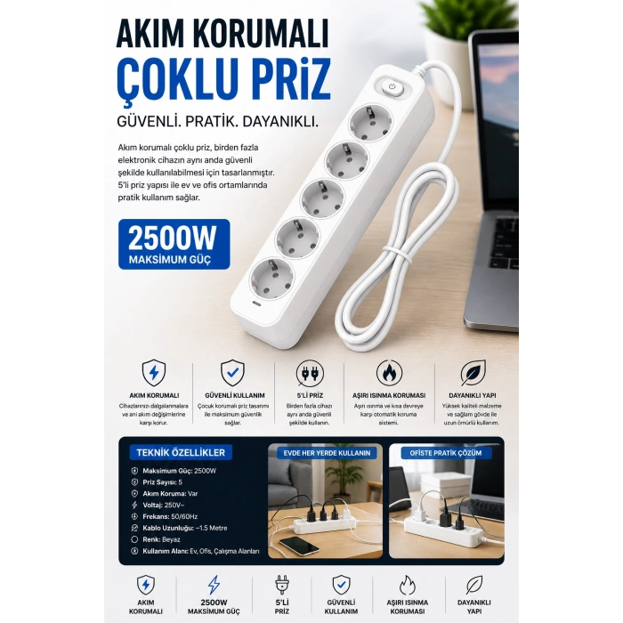 Akım Korumalı 5’li Çoklu Priz 2500W Güçlü Uzun Kablolu Güvenli Kullanım