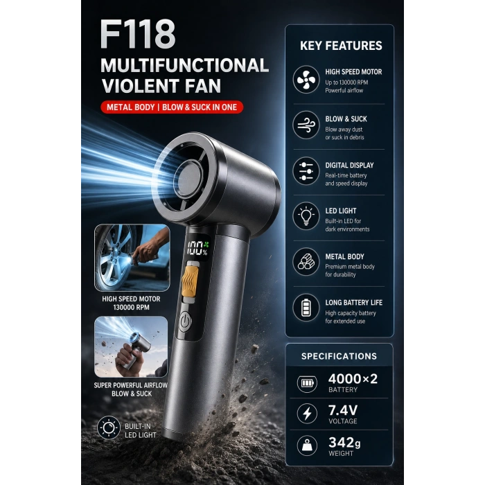 Multifonksiyonel Hava Üfleyici 130.000 RPM | Çift Bataryalı Güçlü Mini Blower & Vakum