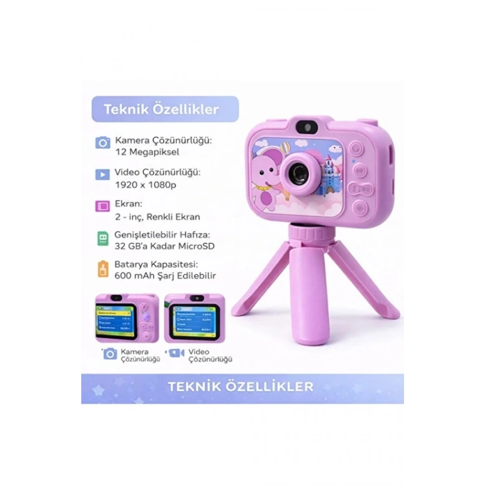 Dijital Fotoğraf Makinesi Çocuk Mini 1080p Hd Kamera Selfie Tripodlu Ön Arka Kamera Fotoğraf Makinesi