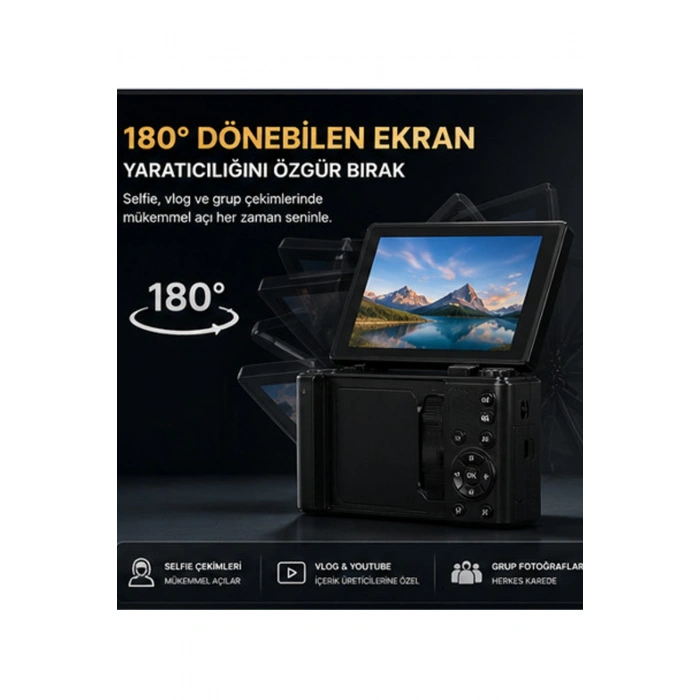 5K 75MP 18X Zoom Flaşlı 3” Flip Ekranlı Türkçe 64GB Kart Dijital Vlog Fotoğraf Makinesi