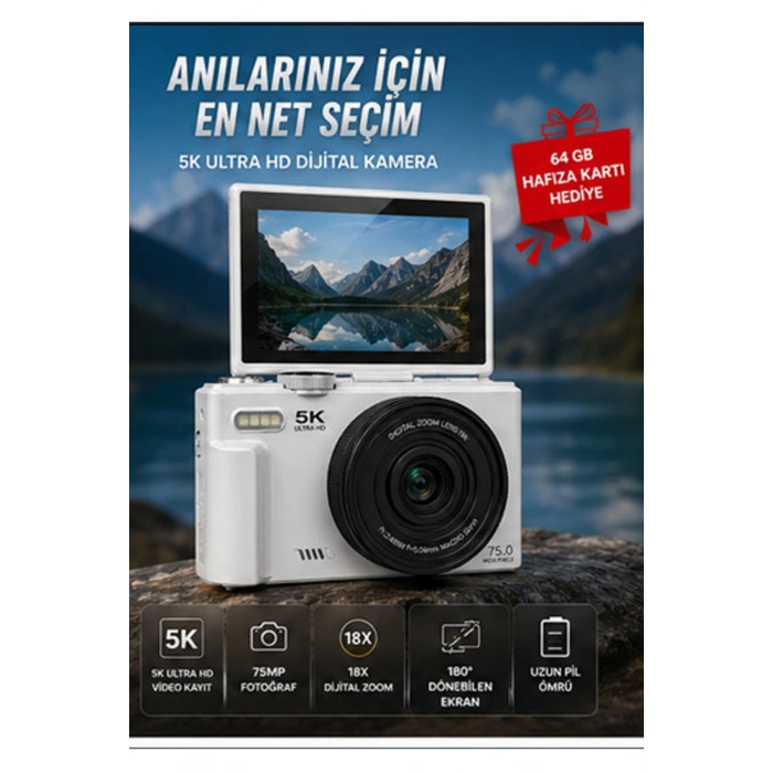 5K 75MP 18X Zoom Flaşlı 3” Flip Ekranlı Türkçe 64GB Kart Dijital Vlog Fotoğraf Makinesi