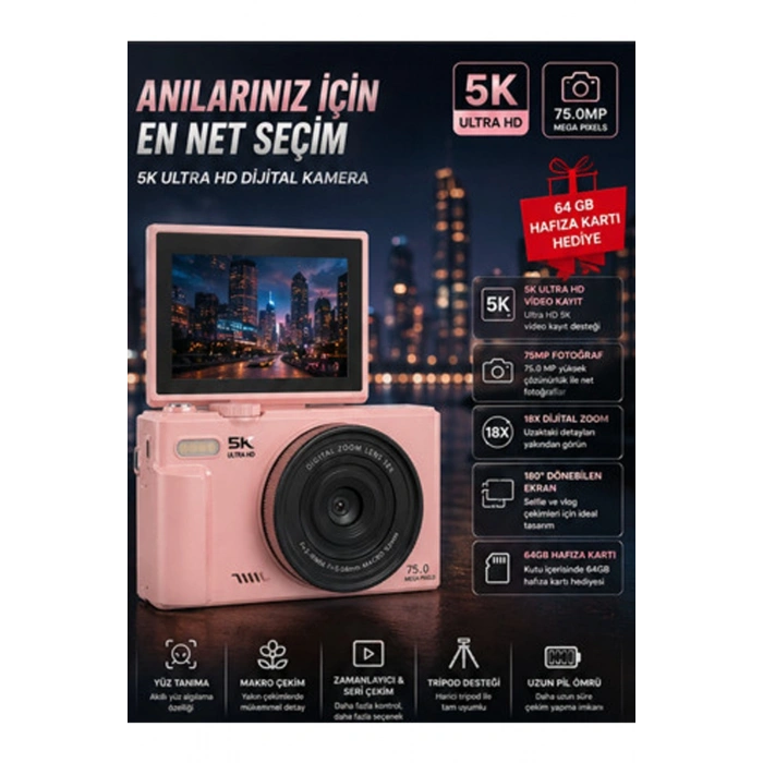 5K 75MP 18X Zoom Flaşlı 3” Flip Ekranlı Türkçe 64GB Kart Dijital Vlog Fotoğraf Makinesi