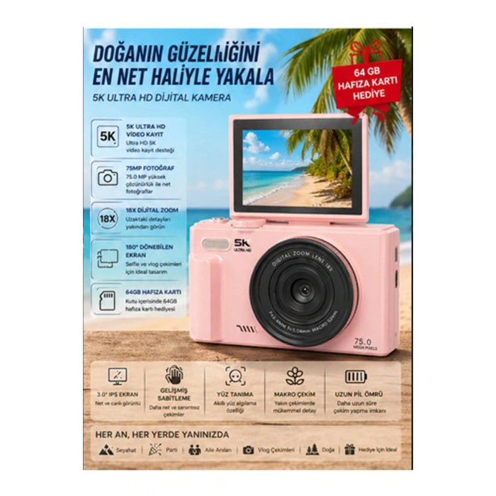 5K 75MP 18X Zoom Flaşlı 3” Flip Ekranlı Türkçe 64GB Kart Dijital Vlog Fotoğraf Makinesi