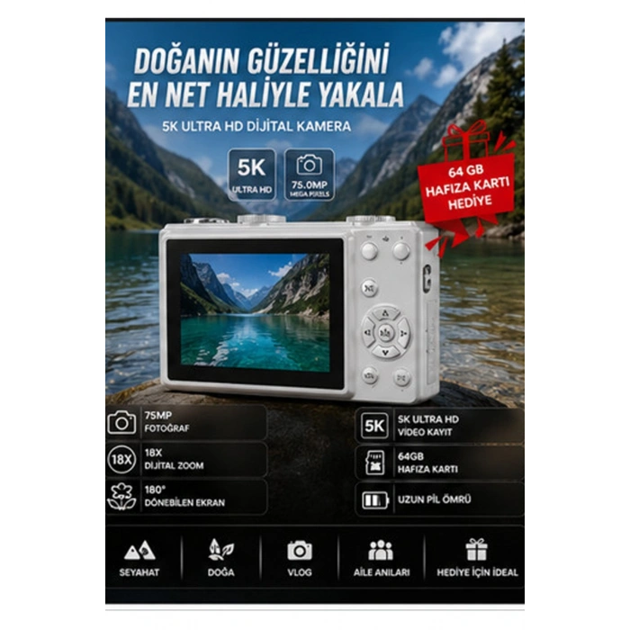 5K 75MP 18X Zoom Flaşlı 3” Flip Ekranlı Türkçe 64GB Kart Dijital Vlog Fotoğraf Makinesi