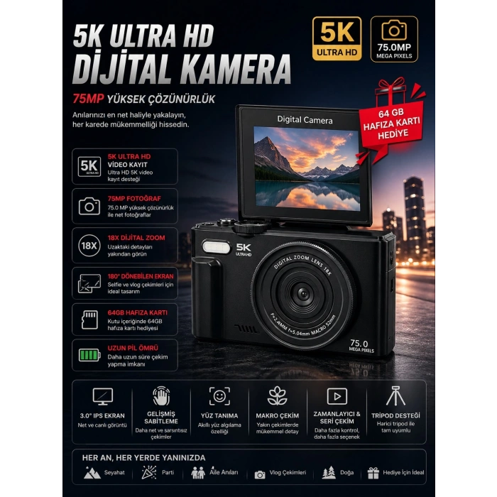5K 75MP 18X Zoom Flaşlı 3” Flip Ekranlı Türkçe 64GB Kart Dijital Vlog Fotoğraf Makinesi