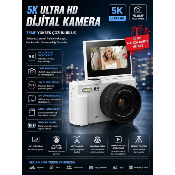 5K 75MP 18X Zoom Flaşlı 3” Flip Ekranlı Türkçe 64GB Kart Dijital Vlog Fotoğraf Makinesi