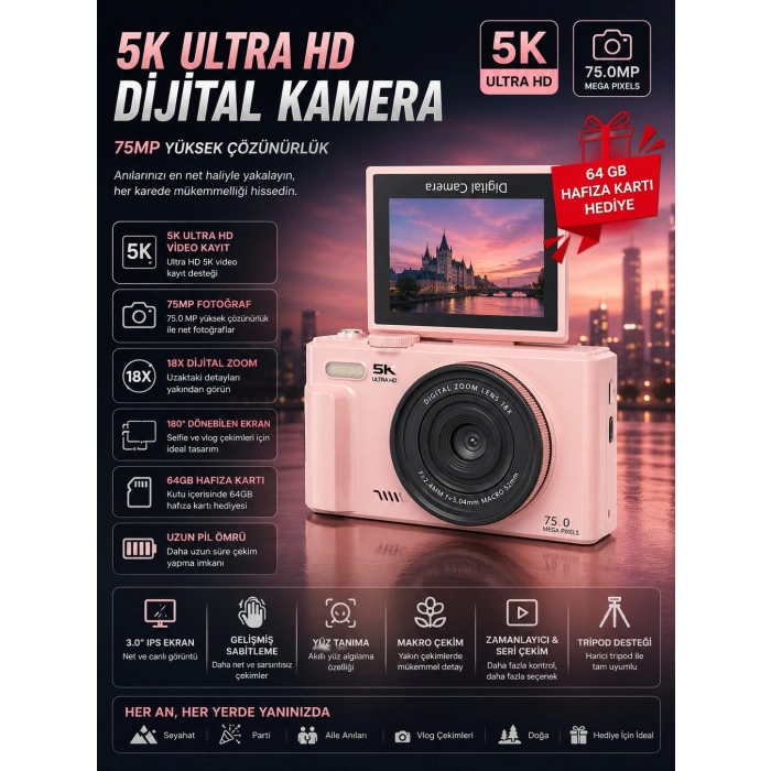5K 75MP 18X Zoom Flaşlı 3” Flip Ekranlı Türkçe 64GB Kart Dijital Vlog Fotoğraf Makinesi